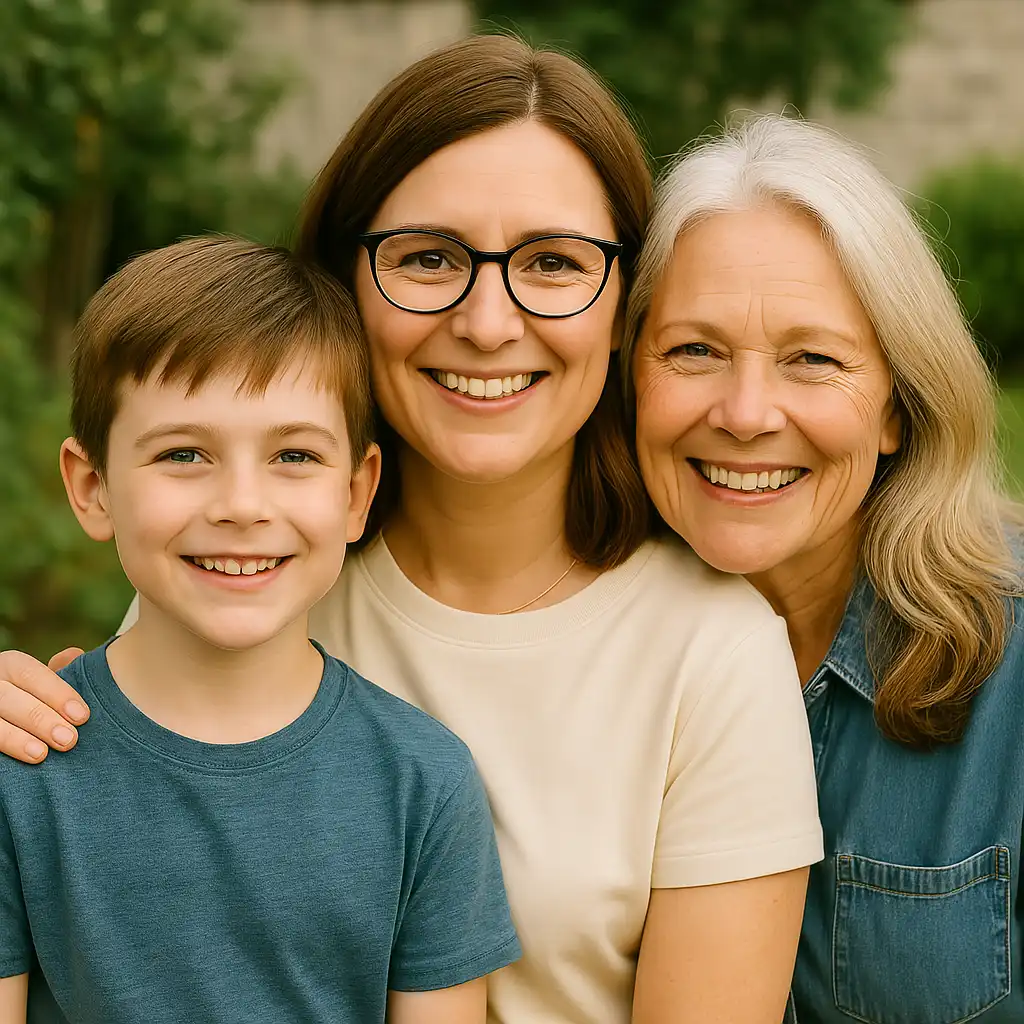 Janna with her mother and young child, smiling together in a home garden