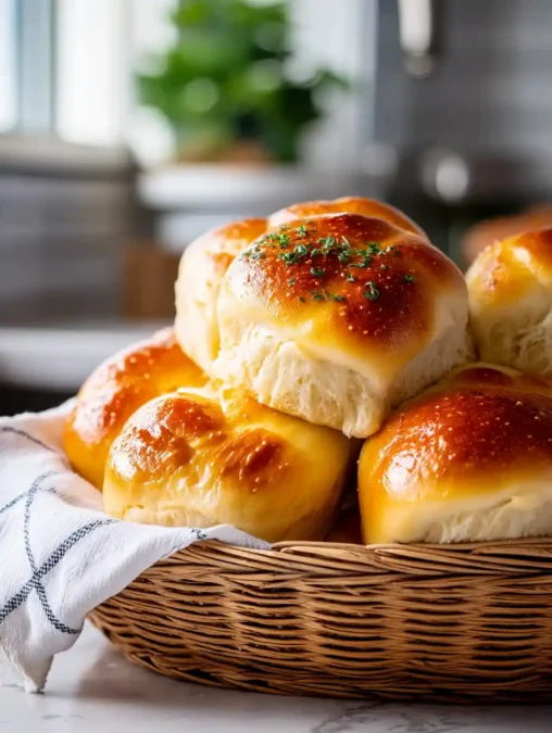 Same day sourdough dinner rolls topped with herbs in a basket.