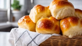 Same day sourdough dinner rolls in a basket, soft and golden brown.