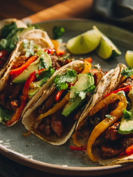 Close-up of sheet pan tacos with seasoned meat, roasted peppers, avocado slices, and fresh cilantro, served with lime wedges