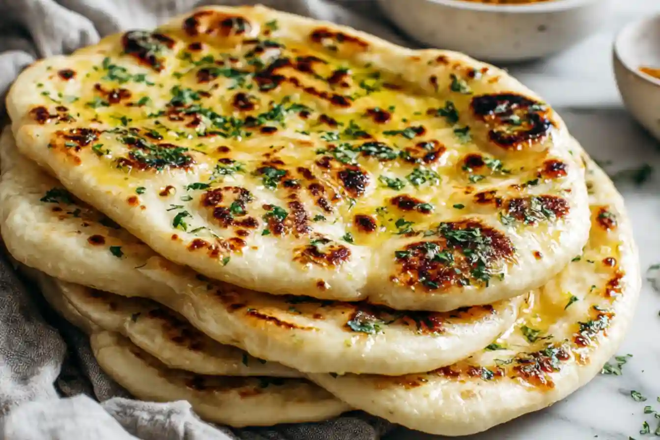 garlic-butter-naan-featured. Garlic butter naan stacked and brushed with melted butter and herbs