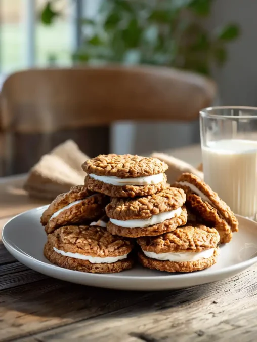 Homemade sourdough oatmeal cream pies stacked on a plate with a glass of milk