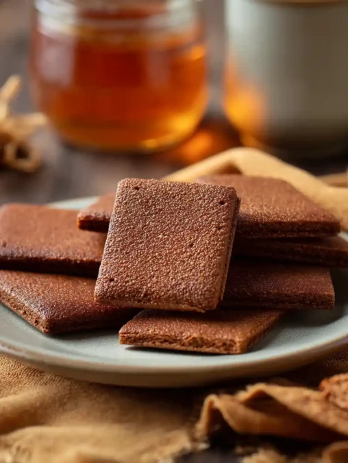Close-up of homemade sourdough honey chocolate graham crackers on plate with honey and milk in background