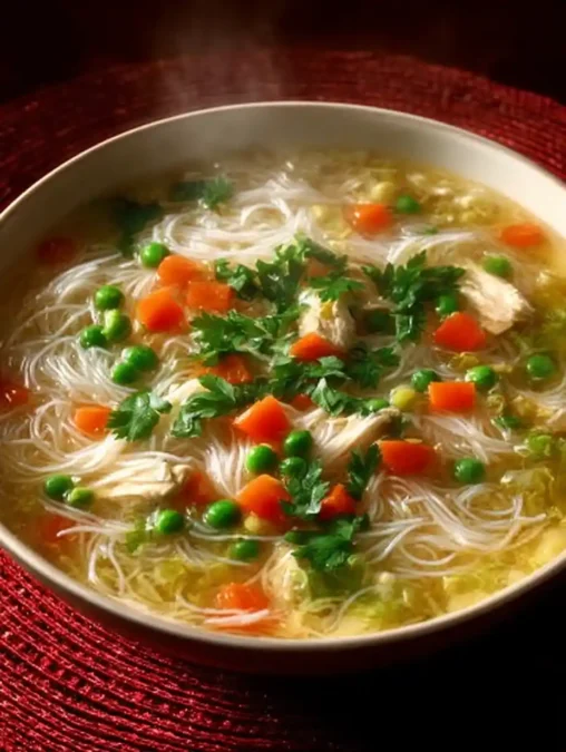 Steaming chicken noodle soup with peas, carrots, parsley, and thin noodles in a white bowl