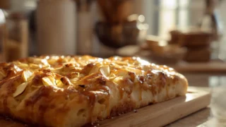 Caramel Apple Sourdough Focaccia freshly baked with caramel drizzle and apple slices on top