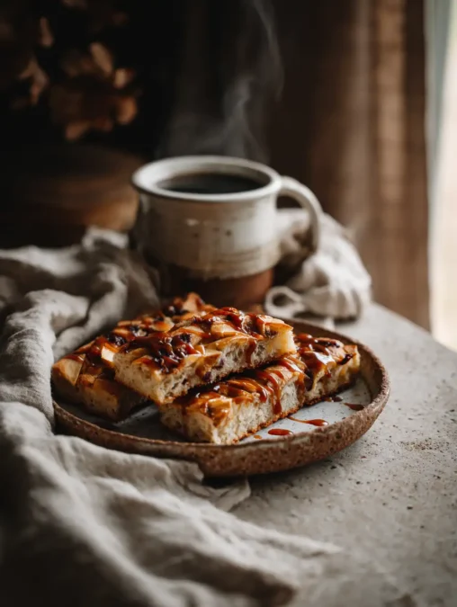 Slices of caramel apple sourdough focaccia drizzled with caramel, served beside a cup of coffee