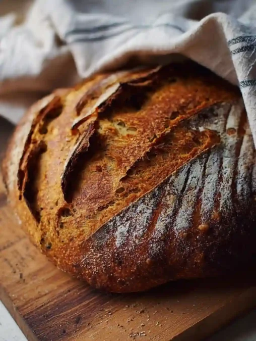 Close-up of Pumpkin Sourdough Bread crust after baking