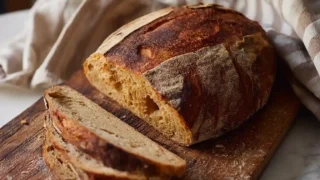 Pumpkin Sourdough Bread fresh loaf sliced on wooden board