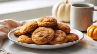 Sourdough Pumpkin Snickerdoodles stacked on a plate with pumpkins and coffee