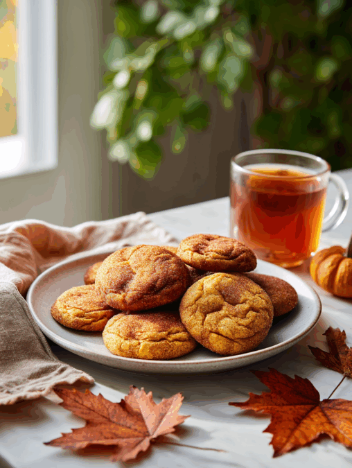 Sourdough Pumpkin Snickerdoodles on a plate with autumn leaves and tea