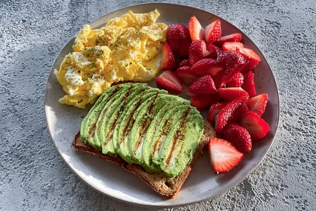 Scrambled Eggs with Strawberries and Avocado Toast