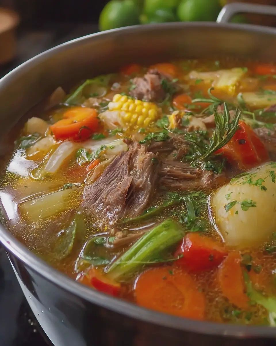 Steaming bowl of traditional Mexican Caldo de Res with tender beef and vegetables