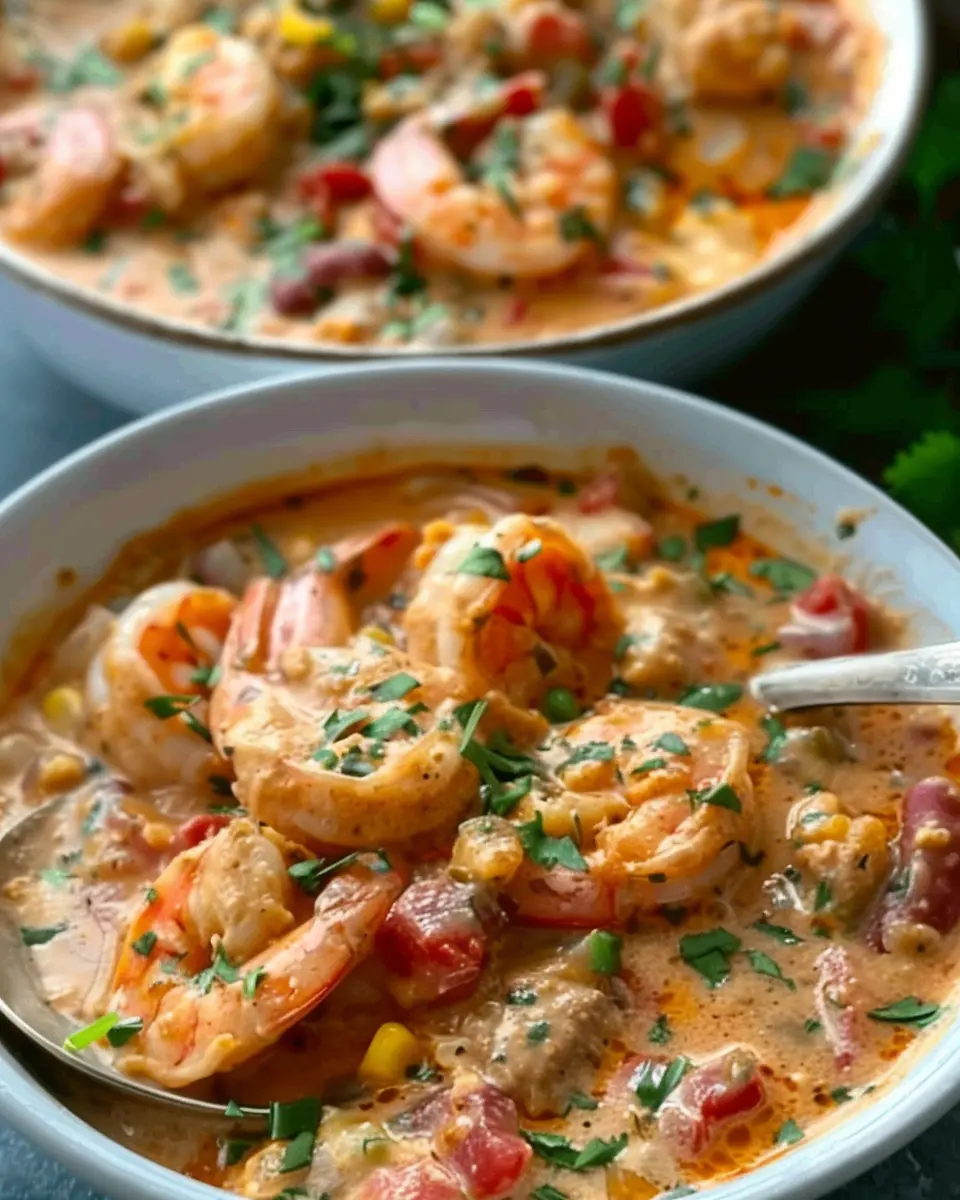 Soup pot bubbling with tender shrimp, white beans, sweet corn, and creamy spiced chili broth