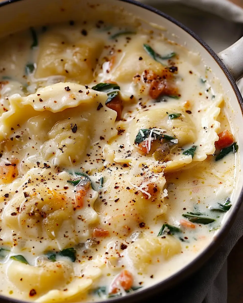 Large pot bubbling with cheese ravioli, crispy turkey bacon, and velvety garlic herb broth