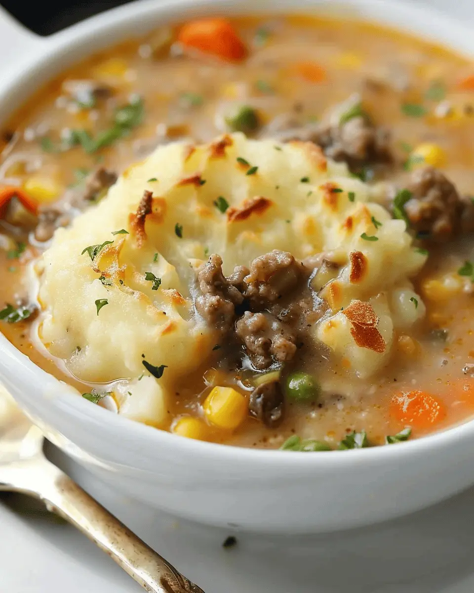 Hearty Shepherd's Pie soup simmering in a pot